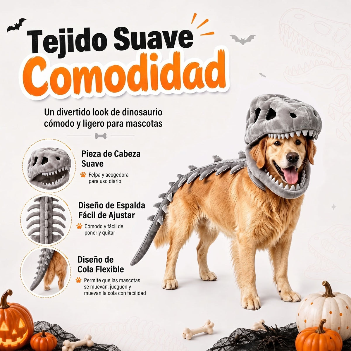 Disfraz de esqueleto de tejido suave y cómodo para perros